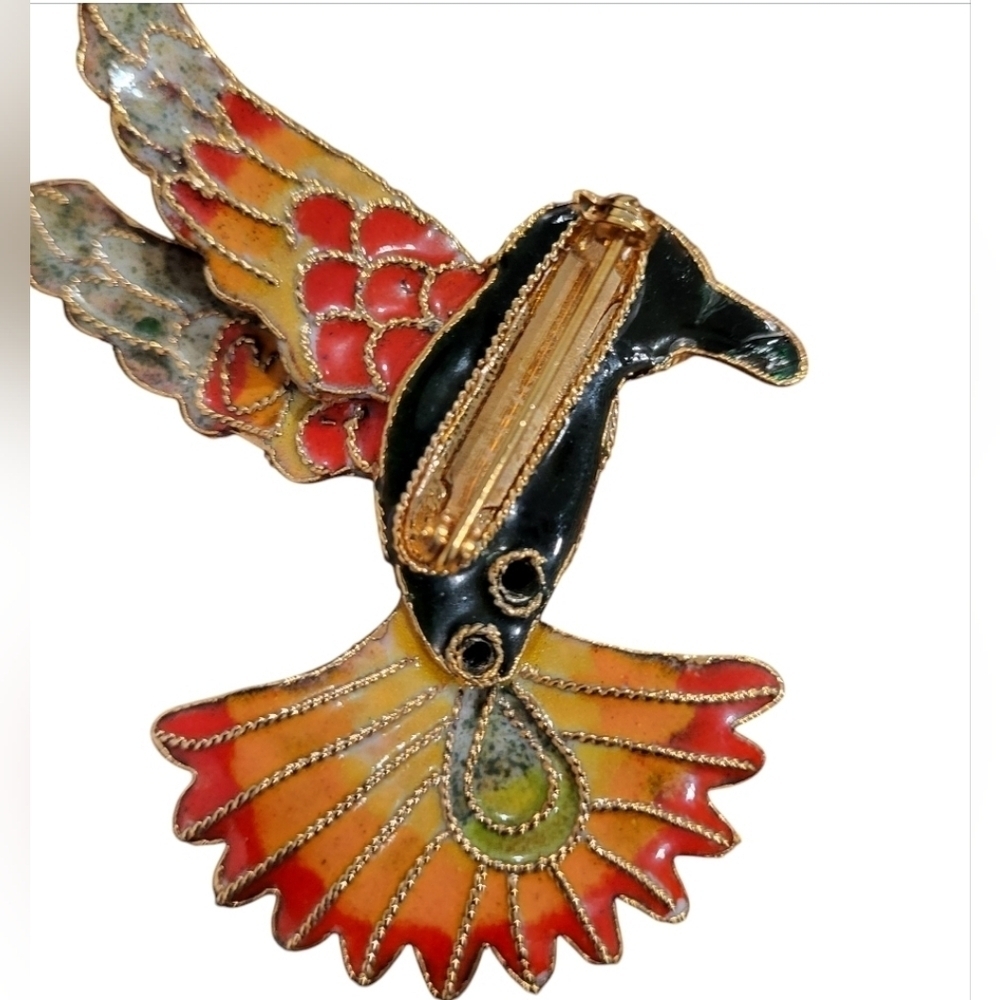 Cloisonné Hummingbird Multicolor Gold Tone Brooch Pin - Picture 4 of 5